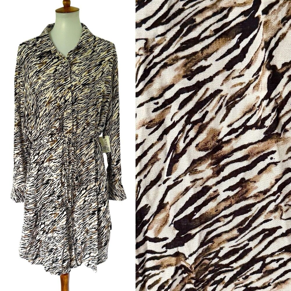 NEW Terra & Sky Women's Tiger Abstract Long Sleeve Shirt Dress 2X Rayon Pockets